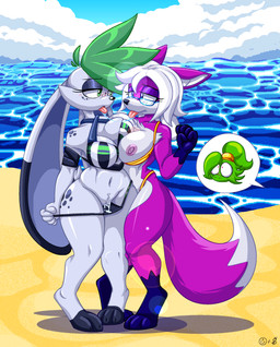after_kiss anthro areola aroused bangs beach bikini bikini_bralette bikini_top_aside black_nose blue_eyes blush bodily_fluids breast_squish breasts breasts_frottage chest_fur close_together clothing cloud constricted_pupils criss-cross_bikini dark_feet dark_hands day digitigrade dipstick_ears dipstick_tail duo ear_markings eyeshadow eyewear feathers feet female female/female floating_hair floppy_ears flustered fox_ears fox_tail freckled_face freckled_legs freckled_shoulders freckled_thighs freckles genital_fluids genitals glasses glistening_eyelids gold_bikini green_eyes green_hair grey_body grey_eyeshadow hair hesitant high_ponytail hindpaw lens_flare long_ears lop_ears magenta_eyes makeup markings multicolored_body multicolored_ears nipples paws pink_areola pink_nipples pink_tongue ponytail pulling_bikini_down pupils purple_body purple_eyes purple_eyeshadow reaction_shot saliva saliva_string scut_tail sea secretly_loves_it short_hair short_tail shoulder_length_hair small_pupils squish summer surprised swimwear tail tail_markings thick_thighs tied_hair tiptoes tongue tongue_out tufted_fur turned_on two-piece_swimsuit two_tone_body vaginal_fluids vulva water wearing_glasses white_hair white_tail_tip wide_hips miobadders spdy4 mythology abbi_(supersmz) abigail_hughes arrow_(spdy4) arrow_the_dragon arrow_xiang_long nikki_azami_inari-long nikki_the_fox_(spdy4) canid canine couatl dragon eastern_dragon feathered_scalie feathered_snake fox fox_spirit hybrid lagomorph mammal mythological_creature mythological_scalie reptile scalie snake 2025 absurd_res artist_collaboration digital_media_(artwork) hi_res pixel_(artwork) signature
