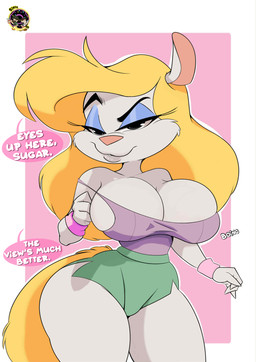 4_fingers abstract_background alternate_breast_size anthro bedroom_eyes big_breasts biped black_eyes blonde_hair blue_eyeshadow border bottomwear breasts cleavage clothed clothing curvy_figure dialogue dolphin_shorts eyebrows eyelashes eyeshadow female female_anthro fingers fluffy fluffy_tail fur hair hourglass_figure huge_hips huge_thighs long_hair long_tail looking_at_viewer makeup narrowed_eyes off_shoulder outline outside_border pink_nose seductive shirt shorts smile snout solo tail talking_to_viewer tank_top text thick_thighs toony topwear voluptuous voluptuous_anthro voluptuous_female white_body white_border white_fur white_outline wide_hipped_anthro wide_hipped_female wide_hips workout_clothing wristband yellow_tail inkit89 animaniacs warner_brothers minerva_mink mammal mink mustelid musteline true_musteline 2025 artist_name digital_drawing_(artwork) digital_media_(artwork) english_text hi_res portrait three-quarter_portrait watermark
