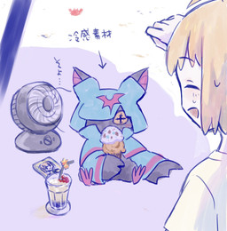 ambiguous_gender anthro beach black_body black_fur blonde_hair cloak clothing cowl dessert detailed_background duo food fur hair ice_cream ice_cream_cone male pupils unusual_pupils wings ebiebionigiri bandai_namco digimon digimon_beatbreak makoto_kuonji chiropmon digimon_(species) human mammal hi_res