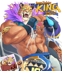 abs areola autograph birthday bodily_fluids body_hair bottomwear cape character_signature clothed clothing emanata eyes_closed fangs feathers fingerless_gloves for_a_head fur gesture gloves green_eyes handwear happy_birthday happy_trail heart_gesture heart_symbol inner_ear_fluff luchador male male/male markings mask medallion midriff muscular muscular_male navel nipples open_mouth pants pecs photo purple_body purple_feathers solo spots spotted_body spotted_fur standing sweat tail tan_body tan_skin teeth text tight_clothing topless tuft vein veiny_arms veiny_muscles whisker_spots whiskers wrestler stardog tekken king_(tekken) animal_head animal_humanoid canid canine canis domestic_dog felid felid_humanoid human humanoid jaguar_humanoid mammal mammal_humanoid pantherine pantherine_humanoid 2026 absurd_res artist_name character_name colored digital_drawing_(artwork) digital_media_(artwork) english_text hi_res shaded watermark