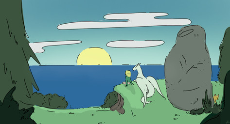 ambiguous_feral ambiguous_gender clearing cloud feral fur plant sea sitting sitting_on_cliff sitting_together sun sunrise tree water white_body white_fur shufflefur mythology canid canine dragon fox human mammal mythological_creature mythological_scalie scalie