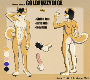 abs anthro athletic athletic_male balls black_hair black_nails black_pawpads blue_eyes butt colored_nails d6 dice erection feet flaccid foreskin front_view fur genitals glans hair humanoid_genitalia humanoid_penis looking_at_viewer male nails nipples nude pawpads penis plantigrade rear_view simple_background soles solo text white_balls white_body white_fur yellow_body yellow_fur graham_(artist) canid canine canis domestic_dog mammal shiba_inu spitz absurd_res hi_res model_sheet url