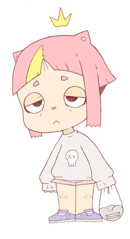 anthro bag blonde_hair bone bottomwear chibi clothing female footwear fur groceries hair half-closed_eyes hotpants narrowed_eyes orange_body orange_fur shoes shorts skull solo sweater tired tired_eyes topwear y0dare domestic_cat felid feline felis mammal nushi