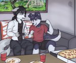 angry anthro beverage clothed clothing controller duo excited focused food fur fur_markings furniture game_controller gaming grey_body grey_fur hair joycon_controller long_hair male male/male markings nintendo_controller pizza ponytail poster skinny snacks sofa table conditional_dnp grinn3r nintendo nintendo_switch aaron_mckay canid canine canis domestic_dog husky mammal nordic_sled_dog spitz wolf 2020