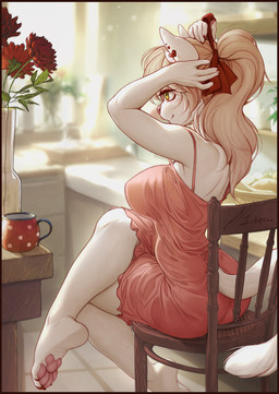 4_toes 5_fingers accessory anthro barefoot big_breasts blonde_hair border breasts butt chair claws closed_smile clothed clothed_anthro clothed_female clothing crossed_legs day dress eyelashes feet female female_anthro finger_claws fingerpads fingers flower fur furgonomic_dress furgonomics furniture hair hair_accessory hair_ribbon humanoid_hands inside light long_hair long_tail mouth_closed on_chair pawpads pink_clothing pink_dress pink_nose pink_pawpads plant plantar_flexion plantigrade plantigrade_pawpads ponytail pupils red_border ribbons side_view sitting sitting_on_chair smile solo tail tail_clothing toe_claws toes touching_hair white_body white_fur white_sclera white_tail yellow_eyes iskra alisa_(iskra) domestic_cat felid feline felis mammal full-length_portrait hi_res lighting portrait
