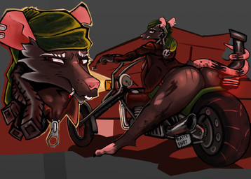 anthro biker bottomless breasts butt butt_focus clothed clothing dirty female jacket jacket_only kerchief motorcycle nude oil piercing red_eyes smoking solo tail tired_eyes topwear topwear_only vehicle pepperuranus pariah_rytter mammal murid murine rat rodent absurd_res hi_res