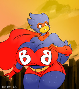 anthro beak belt big_breasts big_butt breasts butt cape city clothing eyelashes feathers female gloves handwear huge_breasts huge_butt mask non-mammal_breasts red_eyes slightly_chubby solo sunset superhero thick_thighs jaeh joaoppereiraus busty_bird avian bird corvid corvus_(genus) crow oscine passerine digital_media_(artwork) hi_res