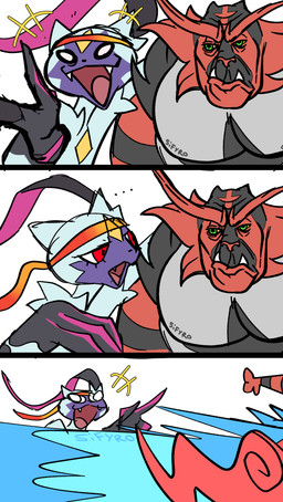 3_toes annoyed anthro claws fangs feet focus_sash humor laugh lmao long_ears muscular pecs teeth toes water blitzdrachin conditional_dnp nintendo pokemon pokemon_champions_(game) unamused_friend_comic_(meme) aquatic basculegion felid fish generation_7_pokemon generation_8_pokemon incineroar mammal pokemon_(species) sneasler absurd_res comic hi_res meme