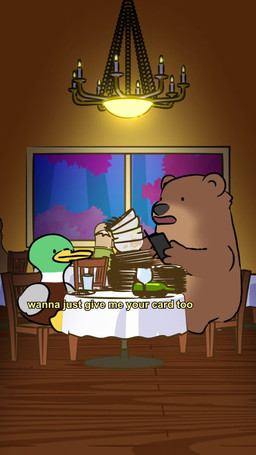 alcohol angry apron apron_only autumn autumn_leaves beady_eyes beak belly beverage big_ears big_nose black_bow_tie black_eyes black_nose bow_tie bowl broken_plate brown_belly brown_body brown_ears brown_feathers brown_fur brown_inner_ear brown_nose casual_nudity chair cheering clothing container cup d: deep_voice dining_table dot_eyes drinking_glass duo duo_focus eye_contact feathers feet food forest fur furniture furrowed_brow gasp glass glass_container glass_cup green_head grey_body grey_feathers grey_wings group half-closed_eyes humor larger_male long_tail looking_at_another male membrane_(anatomy) monotone_body narrowed_eyes on_chair plant plate predator/prey public quacking raised_arms raised_wings receipt red_body red_fur red_tail restaurant round_ears salad simple_eyes sitting sitting_on_chair size_difference smaller_male struggling struggling_prey styrofoam tablecloth tail tan_belly tan_body tan_fur text toes tree unsure vore waiter webbed_feet what whiskers whistling why window wine wine_bottle wine_glass wings yellow_beak yellow_feet natural_habitok descriptive_noises_(meme) natural_habitat_shorts jason_(natural_habitok) kevin_(natural_habitok) michael_(natural_habitok) mr._leggs_(natural_habitok) anas anatid anseriform avian bear bird brown_bear chinchilla chinchillid dabbling_duck duck kangaroo macropod mallard mammal marsupial mustelid musteline otter rodent true_musteline ursine weasel 2025 2d_animation 9:16 animated english_audio english_description english_text hi_res long_playtime sound subtitled voice_acted