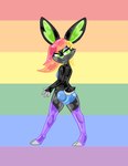 anthro blue_butt blush butt butt_heart female green_eyes green_nose hair heart_ears heart_symbol leg_markings lgbt_pride looking_at_viewer markings multicolored_body multicolored_hair rainbow rainbow_background rainbow_body rainbow_eyeshadow rainbow_hair simple_background six-stripe_rainbow_pride_colors socks_(marking) solo standing tiddysoft goo_creature lagomorph leporid mammal rabbit hi_res