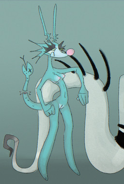 anthro arm_support blue_arms blue_body blue_ears blue_hands blue_head blue_legs blue_neck blue_tail breast_augmentation_scar breasts female fingers floating_head fur genitals green_pupils half-closed_eyes humanoid_genitalia leaning_on_another leaning_on_elbow narrowed_eyes nipples nude pink_nipples pink_nose pupils scales scaly_tail severed_body_part severed_head simple_background solo standing tail tail_mouth unusual_anatomy unusual_tail vulva x_eyes plentyofsoup angelo_(plentyofsoup) virmit_(plentyofsoup) alien hybrid mammal scalie undead chromatic_aberration digital_drawing_(artwork) digital_media_(artwork) hi_res sketch nonbinary_(lore) trans_(lore)