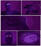 anthro black_clothing black_nose clothing comic felid feral fur group hi_res hitting human lion male male/male mammal masked_face pantherine pawpads paws purple_body purple_eyes purple_fur quadruped running zoba_(artist)