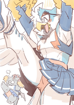 abs anthro beak blue_body blue_feathers bottomwear brown_body brown_feathers bulge butt_wings cheerleader_outfit cheerleading_pose clothing crop_top crossdressing_male duo eyes_closed feathers footwear grey_body grey_scales hair horn male midriff miniskirt open_mouth orange_hair panties panty_shot pecs pom_poms raised_arms raised_leg scales shirt shoes skirt sneakers socks topwear underwear unusual_wing_placement white_body white_feathers wings 1boshi anothereidos_of_dragon_vein_r mythology barboros_(anothereidos_r) dion_(anothereidos_r) accipitrid accipitriform avian bird dragon eagle mythological_creature mythological_scalie scalie