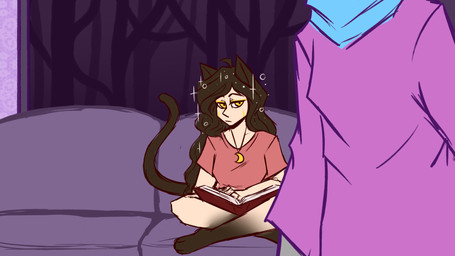3_toes ambiguous_form ambiguous_gender animal_ears animal_feet black_eyebrows black_hair blue_clothing blue_topwear book clothed clothed_female clothed_humanoid clothing duo eyebrows facial_markings feet female front_view furniture hair head_markings holding_book holding_object long_hair looking_at_another looking_at_viewer markings medium_comic moon_pendant on_sofa open_book pink_clothing pink_topwear pupils red_clothing red_shirt red_topwear shirt sitting sitting_on_sofa sofa sparkles sparkling_hair tail thin_eyebrows toes topwear wall_(structure) white_sclera yellow_eyes yellow_markings kiingkiismet animal_humanoid felid felid_humanoid feline feline_humanoid humanoid mammal mammal_humanoid 16:9 2021 comic digital_drawing_(artwork) digital_media_(artwork) flat_colors full-length_portrait half-length_portrait hi_res portrait widescreen