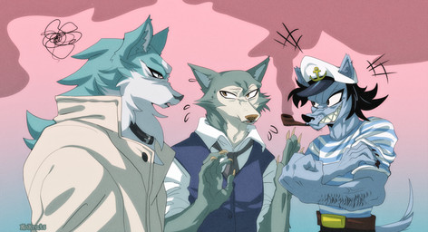 angry anthro arm_hair bared_teeth belt belt_buckle bodily_fluids body_hair brown_eyes buckle clenched_teeth clothing fist group hair long_hair male necktie raised_arms smoking_pipe sweat sweatdrop tail teeth topwear trio vest nokrats beastars brand_new_animal soyuzmultfilm studio_trigger well_just_you_wait! legoshi_(beastars) shirou_ogami volk_(wjyw) absurd_res hi_res