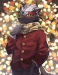 anthro black_body black_fur blush christmas_decorations christmas_lights cold fur hair holidays looking_at_viewer male overcoat scar scarf solo white_hair ponzu_tas christmas lifewonders tokyo_afterschool_summoners tadatomo_(tas) canid canine canis domestic_dog mammal 2021 hi_res