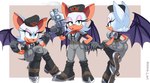 anthro breasts clothing eyeshadow female fur gloves gun handgun handwear hat headgear headwear lipstick makeup membrane_(anatomy) membranous_wings multiple_poses pose ranged_weapon simple_background solo tan_body tan_skin weapon white_body white_fur wings steve_jones sega sonic_the_hedgehog_(series) rebel_rouge rouge_the_bat bat mammal 2024 hi_res signature