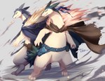 5_fingers accessory anthro belt belt_buckle buckle cape clothing duo fingers gradient_background headband male simple_background ivan-jhang nintendo pokemon generation_2_pokemon pokemon_(species) typhlosion 2020 hi_res shaded