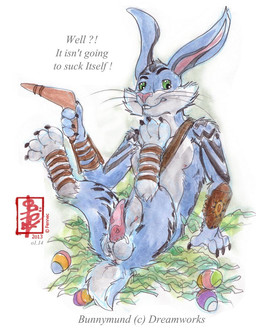 animal_genitalia animal_penis anthro armor aroused balls bodily_fluids boomerang bracers easter_egg egg erection genital_fluids genitals holidays lagomorph_penis leg_wraps looking_at_viewer male penis plastic_grass precum solo text wraps fennec_(artist) easter rise_of_the_guardians e._aster_bunnymund lagomorph leporid mammal rabbit english_text