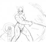 2019 anthro antlers biped bodily_fluids breasts cat_knight clothing container cup deer deer_prince digital_media_(artwork) duo felid feline female genitals hi_res hladilnik horn jug mammal melee_weapon monochrome muscular muscular_female nipples nude polearm pussy scar simple_background sketch standing sweat weapon