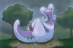 animal_genitalia animal_penis anthro anus blush erection genitals grass green_eyes looking_at_viewer lying male nude on_back outside penis plant raining slime smile solo tail tapering_penis tree wet fizzpop nintendo pokemon generation_6_pokemon goodra pokemon_(species) hi_res