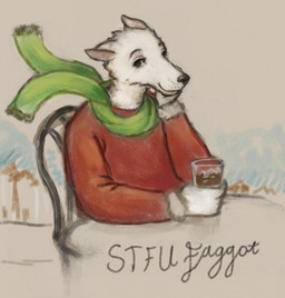 anthro chair clothing ears_back eyebrows fur furniture hate homophobia homophobic_slur looking_at_viewer male on_chair outside pivoted_ears red_clothing red_shirt red_topwear scarf shirt sitting sitting_on_chair slur smile smiling_at_viewer solo table topwear white_body white_fur reynard_goodfellow canid canine canis domestic_dog mammal