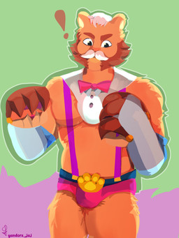 anthro armor beard brown_body brown_fur bulge clothing facial_hair fur gauntlets gloves handwear male mature_male mechanical_arm muscular solo yandorx908 brawl_stars supercell_(company) sam_(brawl_stars) supercell bear mammal ursine absurd_res digital_media_(artwork) hi_res