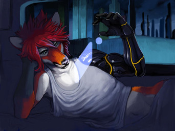 anthro bedding black_body black_fur black_lips black_nose blanket clothing fur hair hand_under_head lips lying male night on_side orange_body orange_fur prosthetic prosthetic_arm prosthetic_limb red_hair relaxing shirt solo tank_top thick_bottom_lip topwear white_body white_fur vahnfox canid canine fox mammal