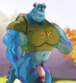 abstract_background backpack biceps big_muscles blue_body blue_fur bottomless clothed clothing fur genitals glans grin half-erect horn huge_muscles humanoid_genitalia humanoid_penis hyper hyper_muscles looking_away male markings multicolored_body multicolored_fur multicolored_penis muscular muscular_humanoid muscular_male navel penis pink_penis pubes purple_body purple_fur purple_penis purple_spots shirt simple_background smile solo spots spotted_body spotted_fur standing teeth topwear two_tone_body two_tone_fur two_tone_penis remert disney monsters_inc pixar sulley humanoid monster hi_res