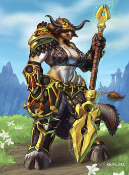 abs anthro armor bangs bangs_over_eyes big_breasts bikini_armor breasts cleavage clothed clothing female gauntlets gloves greaves hair hair_over_eyes handwear hooves huge_breasts melee_weapon muscular muscular_anthro muscular_female navel pauldron polearm side_boob solo spear unconvincing_armor unguligrade weapon revilgaz blizzard_entertainment warcraft bovid bovine mammal tauren absurd_res hi_res