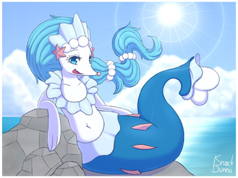 ambiguous_gender blue_eyes border looking_at_viewer mermaid_tail navel open_mouth open_smile outside rock sky smile solo sun water white_border snackbunnii nintendo pokemon aquatic generation_7_pokemon pokemon_(species) primarina 2020 absurd_res digital_media_(artwork) hi_res signature