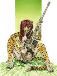 4_toes anthro biped black_claws breasts claws convenient_censorship copyright_symbol covering covering_self dipstick_tail feet female gun hair hair_covering_breasts looking_at_viewer markings nude ranged_weapon red_hair rifle sitting smile sniper_rifle solo spread_legs spreading symbol tail tail_markings toes weapon shinigamigirl roguekitty cheetah felid feline mammal 2015 censored digital_media_(artwork)