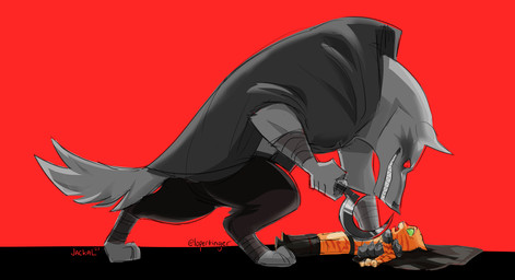 5_fingers anthro arched_back arm_wrapping arm_wraps belt boots bottomwear cape claws cloak clothing creepy_smile crouching duo ears_back ears_up evil_grin eye_contact facial_markings fingers footwear fur fuzzy grabbed green_eyes grey_body grey_fur grin hand_around_neck hand_around_torso head_markings holding_object holding_weapon hunched_over larger_anthro larger_male leaning leaning_forward leg_wraps looking_at_another looking_down looking_up lying male markings mask_(marking) neck_grab nervous on_back on_ground open_mouth orange_body orange_fur pants pivoted_ears pointy_ears poncho prick_ears red_background red_eyes scared sharp_teeth shoes sickle side_view simple_background size_difference smaller_anthro smaller_male smile standing tail teeth threatening threatening_with_weapon weapon whiskers wrapped_arms wrapped_legs wraps lopertinger dreamworks puss_in_boots_(franchise) death_(puss_in_boots) puss_in_boots_(dreamworks) canid canine canis domestic_cat felid feline felis mammal tabby_cat wolf 2023 hi_res shaded signature