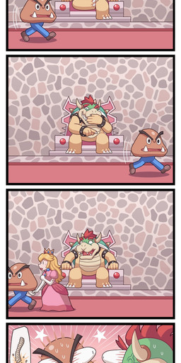 anthro bodily_fluids broken_bone chair clothing crown disguise dress eyebrows eyes_popping_out facial_hair furniture gesture giggle group headgear horn inside looking_at_viewer male motion_lines mustache shrug sitting speech_bubble spine squeezing sweat sweatdrop thick_eyebrows throne vein ayyk92 mario_bros nintendo super_mario_3d_world bowser mario princess_peach goomba human koopa mammal scalie absurd_res comic hi_res pictographics