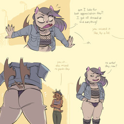anthro antlers bottomwear breasts butt cleavage clothed clothing dialogue duo ear_piercing fangs female fishnet_clothing fishnet_topwear hat headgear headwear horn jacket navel oblivious outside panties pants pantsless piercing rear_view shirt street_lamp tail tank_top teeth text topwear tube_top underwear wings blueregardtwo elaine_(blueregardtwo) tasha_(blueregardtwo) bat deer mammal 1:1 absurd_res english_text hi_res
