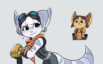 anthro blush blush_lines clothed clothed_female clothed_male clothing cybernetic_arm cybernetic_limb duo ear_piercing ear_ring eyewear eyewear_on_head female fluffy fluffy_tail fur gloves goggles goggles_on_head hair handwear male male/female markings piercing pink_nose ring_(marking) ring_piercing ringed_tail scarf striped_markings striped_tail stripes tail tail_markings white_body white_fur white_hair yellow_body yellow_fur time_fluffy500 ratchet_and_clank sony_corporation sony_interactive_entertainment ratchet_(ratchet_and_clank) rivet_(ratchet_and_clank) lombax mammal