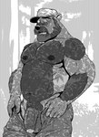 abs anthro arm_hair balls barazoku beard belly biceps blush body_hair bottomwear caught clothed clothing deltoids facial_hair flaccid forearm_hair forearm_muscles forearms foreskin genitals hat headgear headwear looking_at_viewer male mature_male musclegut muscular navel nipples open_bottomwear open_clothing open_mouth open_pants outside pants pecs penis shocked shoulder_hair slightly_chubby solo surprised thick_penis topless triceps trucker_hat undressing vein veiny_penis wide_eyed maychin mythology kobern bear canid canine canis hybrid mammal mythological_canine mythological_creature werecanid werecanine werecreature wereursid werewolf wolf 2024 greyscale hi_res monochrome