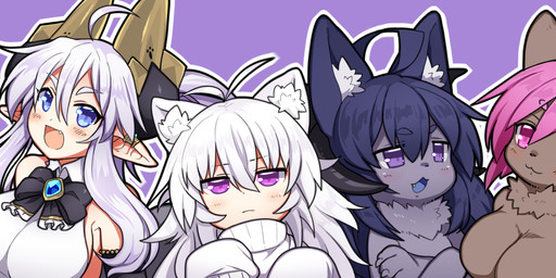 anthro blue_eyes blush breasts clothing female group inner_ear_fluff kemono looking_at_viewer pink_eyes purple_eyes smile tuft wings mofuaki animal_humanoid canid canine cat_humanoid felid felid_humanoid feline feline_humanoid fox humanoid mammal mammal_humanoid winged_humanoid 2015 3:1