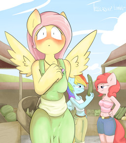 anthro anthrofied basket blue_body blue_eyes blue_feathers blue_fur blush bottomwear clothing cloud container cucumber dress feathered_wings feathers female food fruit fur group hair jewelry melon multicolored_hair necklace outside pink_hair plant purple_eyes rainbow_hair shorts sky standing vegetable watermelon wings yellow_body yellow_feathers tesslashy friendship_is_magic hasbro my_little_pony mythology fluttershy_(mlp) pinkie_pie_(mlp) rainbow_dash_(mlp) earth_pony equid equine horse mammal mythological_creature mythological_equine pegasus pony 2013 absurd_res hi_res