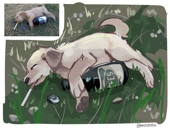 ambiguous_gender beer_bottle bottle brown_body brown_fur cigarette cigarette_in_mouth container feral floppy_ears fur grass lying lying_on_grass object_in_mouth on_grass on_ground photo_reference plant quadruped sleeping solo mintcashew canid canine canis domestic_dog mammal 2024 4:3 hi_res reference_image