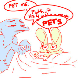anthro arm_tuft bed bed_sheet bedding big_ears blue_body blue_face blue_fur blue_nose buckteeth cheek_tuft chest_tuft clothed clothed/nude clothed_female clothing dialogue duo elbow_tuft eyebrows eyelashes facial_tuft female fur fur_tuft furniture half-closed_eyes heart_eyes heart_symbol inner_ear_fluff long_ears looking_aside looking_at_another looking_forward male monotone_body monotone_clothing monotone_face monotone_fur monotone_shirt monotone_topwear narrowed_eyes nude on_bed on_furniture red_text shirt simple_background smile snout speech_bubble talking_to_another teeth text thin_eyebrows topwear tuft under_covers white_background yellow_body yellow_clothing yellow_ears yellow_face yellow_fur yellow_nose yellow_shirt yellow_topwear nobby_(artist) disney zootopia judy_hopps nick_wilde canid canine fox lagomorph leporid mammal rabbit red_fox true_fox 1:1 english_text hi_res