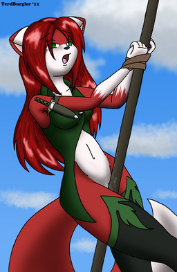 anthro bdsm bodily_fluids bondage bottomless bound clothed clothing cloud dagger female fur genital_fluids genitals green_eyes grinding hair legwear looking_pleasured melee_weapon navel outside pole pole_masturbation red_body red_fur red_hair sky solo stockings submissive submissive_female tail vaginal_fluids vulva weapon terdburgler linda_wright canid canine domestic_cat felid feline felis fox hybrid mammal 2011