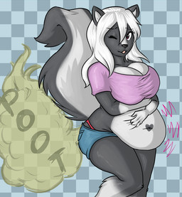 anthro belly belly_grab belly_overhang belly_squish big_breasts black_body black_fur bottomwear breasts checkered checkered_background cleavage clothed clothing clutching_stomach countershade_torso countershading crop_top denim denim_bottomwear denim_clothing denim_shorts eyelashes fart fart_cloud fart_fetish female fur gassy gloves_(marking) hair hand_on_belly hand_on_own_belly heart_(marking) hotpants leg_markings markings multicolored_body multicolored_fur on_one_leg one_eye_closed onomatopoeia open_mouth overweight overweight_anthro overweight_female panties pattern_background purple_eyes raised_tail red_clothing red_panties red_underwear rumbling_stomach shirt shorts simple_background socks_(marking) solo sound_effects squish standing tail text thong_straps three-quarter_view topwear two_tone_body two_tone_fur underwear white_body white_fur white_hair wide_hips chukoko jessica_(coaster14) mammal mephitid skunk 2013 digital_media_(artwork) portrait three-quarter_portrait unavailable_at_source