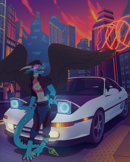 anthro breasts car claws clothing eyewear female goggles hair horn leaning non-mammal_breasts open_mouth open_smile scales small_breasts smile solo urban vehicle ventral_scales thestory mythology dragon mythological_creature mythological_scalie scalie 4:5 hi_res