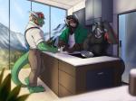 anthro beard clothed clothing facial_hair group horn kitchen knife male muscular muscular_male smile standing tail solaxe_(artist) guild_wars mythology alakayne_alembine fitz karr charr dragon felid hybrid mammal mythological_creature mythological_scalie scalie 4:3