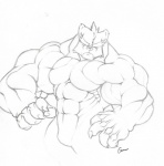 anthro big_muscles biped claws eyes_closed huge_muscles hyper hyper_muscles male muscular muscular_anthro muscular_male nude solo standing tkc2021 bear mammal black_and_white monochrome sketch