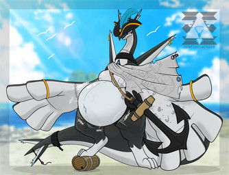 anchor anthro anthro_pred barrel beach belly big_belly big_breasts big_hands black_body blue_markings breasts broken_chain calling_for_help chain clothing cloud cloudy_sky cuff_(restraint) day digestion digestion_noises digitigrade feathers female female_pred fusion harpoon hat_feather headgear headwear light logo long_neck looking_at_viewer loose_feather markings melee_weapon multicolored_body multiple_prey navel nipples pirate pirate_hat pokemon_fusion polearm restraints ring rumbling_stomach shackles sky slightly_chubby slightly_chubby_female smile spear standing sunlight tail tattoo text thick_tail thick_thighs thigh_strap two_tone_body unwilling_prey vore weapon white_body wide_hips wings sentinelwinder nintendo pokemon sonear_(sentinelwinder) avian bird generation_2_pokemon generation_3_pokemon gull hybrid lari larid latias legendary_pokemon lugia pokemon_(species) artist_logo artist_name digital_media_(artwork)