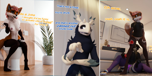 anthro antlers black_body bodily_fluids bone bottomless breasts clothed clothing dialogue drunk female fur genital_fluids genitals gesture hair hand_gesture horn male male/female nipples nude open_mouth partially_clothed peeing peeing_on_another pointing red_solo_cup sitting skull skull_head sleeping smile standing substance_intoxication tail text toilet topwear unconscious urine urine_stream watersports the_texorcist vulgarvictor_(modeler) american_mythology indigenous_north_american_mythology mythology north_american_mythology chimney_(the_texorcist) tex_(the_texorcist) canid canine domestic_cat felid feline felis fox mammal monster wendigo 3d_(artwork) absurd_res comic digital_media_(artwork) hi_res