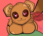 anthro big_breasts blush blush_stickers breast_squish breasts brown_body brown_fur brown_nose cat_smile dialogue female first_person_view fur heart_eyes heart_symbol looking_at_viewer patch_(fabric) pink_background pink_eyes plushie red_sclera simple_background smile solo speech_bubble squish talking_to_viewer text phrenpai sew_(phrenpai) animate_inanimate bear human living_plushie mammal teddy_bear_(species) 6:5