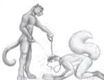 all_fours anthro bodily_fluids bowl chain collar container dominant dominant_male duo erection genital_fluids genitals gloves_(marking) golden_shower holding_penis humanoid_genitalia humanoid_penis kneeling leg_markings male male/male male_peed_on male_peeing markings nude open_mouth peeing peeing_into_bowl peeing_on_head penis pet_bowl simple_background socks_(marking) standing submissive submissive_male tongue tongue_out urine urine_in_bowl urine_on_ground urine_on_head urine_on_tongue urine_stream watersports white_background moodyferret felid mammal pantherine monochrome traditional_media_(artwork)